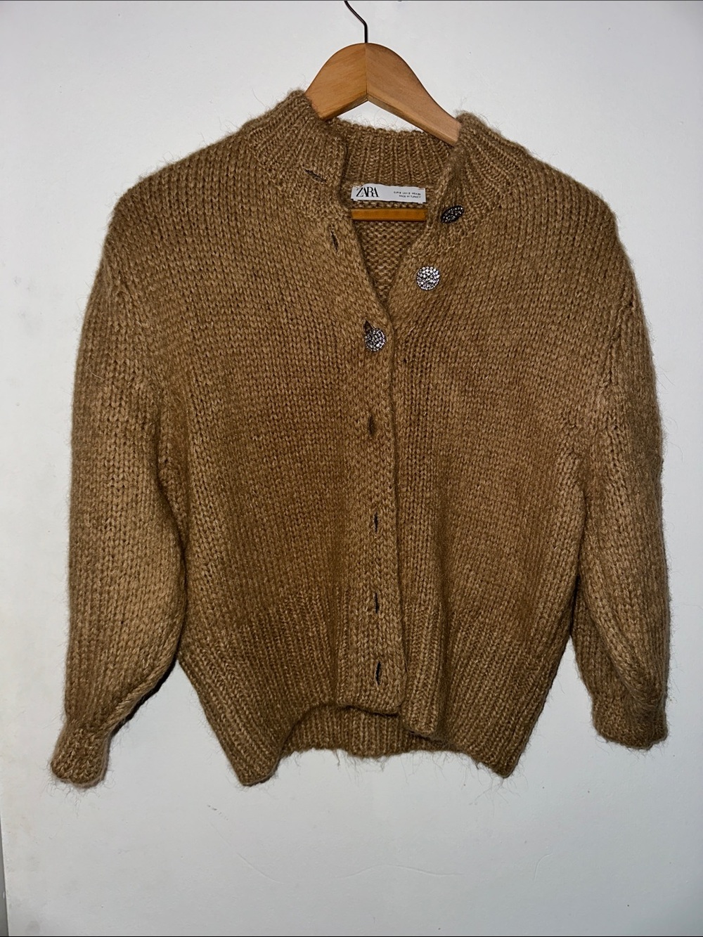 ZARA Camel Knit Chunky Button Cardigan Sweater